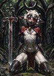 absurd_res anthro bell bell_collar black_body blood bodily_fluids bottomwear bovid caprine clothing collar cult_of_the_lamb forest fur hair hi_res horn kneeling lamb_(cult_of_the_lamb) loincloth male mammal melee_weapon multicolored_body nipples plant red_clothing red_crown_(cult_of_the_lamb) red_eyes sheep solo sword tamrad tree two_tone_body weapon white_body wool_(fur)