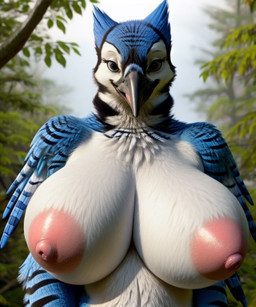 anthro beak big_breasts branch breasts cloudy feather_ears feather_hair feather_tuft feathered_arms feathers female front_view happy leaf looking_at_viewer nipples plant pseudo_hair smile smiling_at_viewer solo tongue tree tuft sdah avian bird blue_jay corvid jay_(bird) new_world_jay oscine passerine hi_res