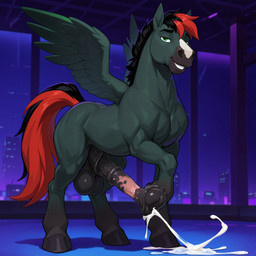 animal_genitalia animal_penis balls big_balls big_penis bodily_fluids city city_background city_skyline cityscape cum ejaculation equine_genitalia equine_penis feral genital_fluids genitals hair hooves male multicolored_hair neon_lights night nightclub penis smile smiling_at_viewer solo wings matt3985_(director) equid equine mammal pegasus hi_res