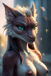 anthro blone_hair breasts clothing felid female fur furred_reptilian green_eyes hair hybrid kobold long_hair mammal multicolored_body multicolored_scales nipples nocheamante nude nude_female pink_nipples prick_ears pupils scales slit_pupils solo standing two_tone_body