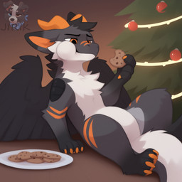 4_toes cheek_bulge cheek_tuft chest_tuft christmas christmas_lights christmas_ornaments christmas_tree claws cookie eating enjoying facial_tuft feathered_wings feathers feet feral fluffy fluffy_tail food fur gray_hair grey_body grey_fur hair half-closed_eyes horn leaning leaning_back male markings mythology narrowed_eyes orange_eyes orange_inner_ear orange_markings orange_pawpads orange_toe_claws pawpads paws plant sitting sitting_on_table smile solo spread_legs spreading toe_claws toes tree tuft white_body white_fur wings jirikdos grayson_(jirikdos) dragon furred_dragon furred_scalie mythological_creature mythological_scalie scalie 1:1 2025 hi_res watermark