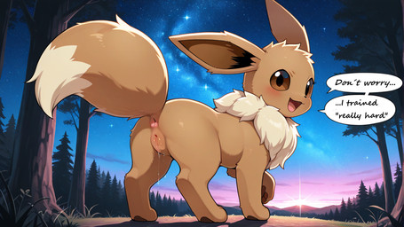 all_fours animal_genitalia animal_pussy anus blush bodily_fluids brown_body brown_fur brown_pawpads butt canine_genitalia canine_pussy cloud dripping female feral fluffy fluffy_fur fluffy_tail forest forest_background fur genital_fluids genitals grass looking_at_viewer looking_back looking_back_at_viewer milky_way nature nature_background neck_tuft open_mouth open_smile pawpads pink_anus pink_pussy plant presenting presenting_hindquarters pussy pussy_juice pussy_juice_drip pussy_juice_string raised_leg sky smile smiling_at_viewer solo speech_bubble spread_legs spreading star starry_sky sunset swollen_pussy text tree tuft commander_(director) nintendo pokemon mia_(commander) hi_res