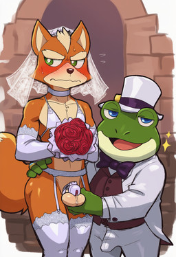 anthro balls blush bodily_fluids bowtie chastity_cage chastity_device clothing digit_ring duo genital_fluids genitals hat headgear headwear holding_balls holding_waist jewelry leaking_precum male male/male precum ring suit suit_jacket sweat top_hat wedding_lingerie wedding_ring wedding_veil nintendo star_fox fox_mccloud slippy_toad amphibian canid canine fox frog mammal hi_res