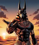 2024 7:8 abs anthro anubian_jackal anubis backlighting biceps biped black_body black_skin bottomwear canid canine canis clothing cloud dall-e_3 dark_body dark_skin deity deltoids desert detailed detailed_background digital_drawing_(artwork) digital_media_(artwork) egyptian egyptian_clothing egyptian_headdress egyptian_mythology empty_eyes fingernails forearm_muscles front_view gold_(metal) gold_jewelry half-length_portrait hatching_(art) headgear headwear hi_res humanoid_hands jackal jewelry light lighting looking_at_viewer male mammal midriff monotone_body monotone_skin muscular muscular_anthro muscular_male mythology nails obliques outside pecs portrait prick_ears sand serratus shaded sky snout solo standing sun sunlight sunset usekh warm_colors zenithwolf