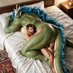 anthro balls beard bed bedroom big_breasts blue_hair breasts cuddling duo facial_hair female female_on_human furniture genitals green_body green_scales hair high-angle_view human_on_anthro interspecies male muscular scales size_difference sleeping anonymous_director dragon eastern_dragon human mammal hi_res