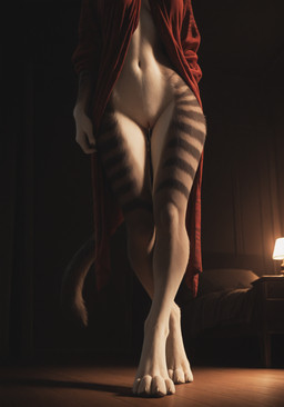 anthro bed bedroom bodily_fluids breasts cinematic close-up clothing covered_nipples crossed_legs detailed_fur dramatic_lighting female film_grain fluffy fur furniture genital_fluids genitals light long_legs multicolored_body multicolored_fur night paws pussy pussy_juice realistic robe small_waist solo spotlight stripes tail volumetric_lighting walking walking_towards_viewer phasedb absurd_res detailed hi_res