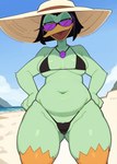 anatid anseriform anthro avian beach beak bikini bird black_clothing black_hair breasts butt_from_the_front clothed clothing cloud9999 curvy_figure disney duck ducktales ducktales_(2017) eyeliner eyewear feathers female glistening green_body green_feathers green_skin hair hand_on_hip hi_res highlights_(coloring) jewelry looking_at_viewer magica_de_spell makeup navel necklace non-mammal_breasts open_mouth orange_legs seaside skimpy slightly_chubby smile solo sun_hat sunglasses swimwear tight_clothing voluptuous yellow_eyes