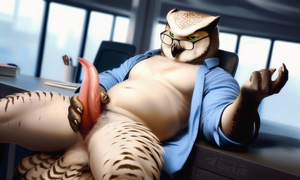 animal_genitalia animal_penis anthro beak beckoning biped bottomless chair claws clothed clothing desk detailed_background erection eyewear feathers furniture genital_slit genitals gesture glasses green_eyes holding_penis inside looking_at_viewer male office open_clothing open_shirt open_topwear partially_clothed penis presenting presenting_penis scuted_arms scutes shirt sitting slightly_chubby slit solo spread_legs spreading table tail tail_feathers tapering_penis telegram telegram_logo text topwear unprofessional_behavior sergalbutt avian bird bubo_(genus) owl true_owl 5:3 director_name signature url