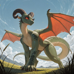 curled_horn fangs feral grassland green_body green_scales horn male membrane_(anatomy) membranous_wings multicolored_body mythology outside pupils red_sclera scales sky slit_pupils smile smiling_at_viewer solo standing two_tone_body wings nonimousmate jack_the_kobold dragon mythological_creature mythological_scalie scalie hi_res
