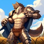 abs anthro armor bottomwear bulge canid canine canis cloak clothing grass male mammal muscular pants plant solo tree wolf zidanes123