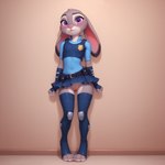 anthro armwear ayclin blush bottomless bottomless_female bottomwear clothed clothing ears_down female genitals hi_res judy_hopps lagomorph legwear leporid looking_at_viewer mammal miniskirt no_underwear pivoted_ears police_uniform pussy rabbit shy skirt solo topwear uniform vest zootopia