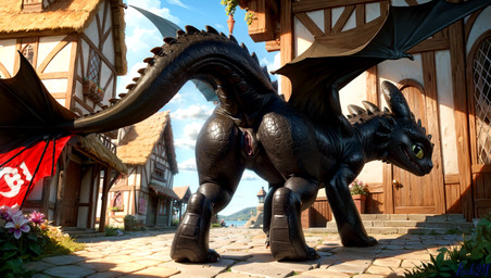 dragon_wings dragoness female feral genitals light looking_at_viewer looking_back looking_back_at_viewer public public_exposure public_nudity pussy scales solo sunlight ruski218 how_to_train_your_dragon toothless hi_res