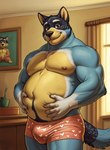 anthro blue_body blue_fur bluey_(series) bottomwear boxer_briefs bulge clothing fur hands_on_belly heart_underwear inside looking_at_viewer male musclegut muscular muscular_male nipples slightly_chubby smile solo underwear aiaicaptain bandit_heeler australian_cattle_dog canid canine canis cattledog domestic_dog herding_dog mammal pastoral_dog