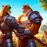 anthro armor beard belt cloth duo facial_hair felid grass knight male male/male mammal muscular nipples pantherine plant shirtless smile tiger tree ursid warrior zidanes123