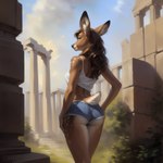 absurd_res anthro butt canineluvr19 cervid clothed clothing female hair hi_res long_hair looking_at_viewer looking_away looking_back looking_back_at_viewer mammal ruins seductive skimpy slim solo solo_focus