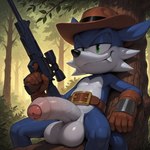 anthro balls belt big_balls big_penis clothing fangs foreskin forest genitals gloves handwear hat headgear headwear male penis plant ranged_weapon solo tree weapon styx343 sonic_the_hedgehog_(series) fang_the_sniper canid canine canis coyote mammal hi_res
