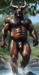 animated animatediff_(module) anthro balls bovid fur genitals joachim58 looking_at_viewer male mammal muscular muscular_anthro muscular_male nipples nude penis solo