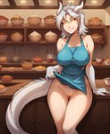 anthro apron apron_only big_breasts bowl breasts clothed clothing container cup detailed_background female food genitals hair horn humanoid_focus inside kitchen licking licking_lips looking_at_viewer mostly_nude nipple_outline non-mammal_breasts pubes pussy silver_hair smile solo tongue tongue_out white_hair yellow_eyes anontk twokinds lady_nora_(twokinds) animal_humanoid dragon dragon_humanoid humanoid scalie hi_res