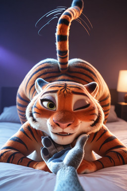 anthro ass_up bed breasts butt cheek_tuft facial_tuft female fur furniture inside looking_at_viewer nude one_eye_closed orange_body orange_fur pov_hands presenting raised_tail seductive smile solo striped_body striped_fur stripes stroking tail tail_motion tailwag tuft wide_hips kbi felid humanoid mammal pantherine tiger