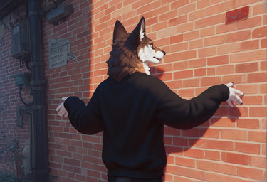 5_fingers alley anthro black_claws black_clothing black_nose black_topwear bottomwear brick_wall brown_body brown_eyes brown_fur claws clothed clothing detailed_background fingers fully_clothed fur inner_ear_fluff jacket male outside pants rear_view solo standing talking_to_another topwear tuft urban wall_(structure) white_body white_fur adragocult meme_2026 canid canine canis mammal wolf