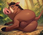 anus balls big_balls black_hair feral genitals hair hooves jungle looking_at_viewer looking_back looking_back_at_viewer lying male on_side raised_tail seductive solo tusks smauggers pumbaa domestic_pig mammal suid suina sus_(pig) warthog absurd_res hi_res