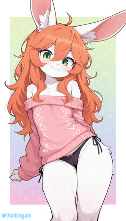 anthro blush bottomwear bow_panties bowtie breasts chest_tuft claws clothed clothing female front_view fur green_eyes hair hip_tuft inner_ear_fluff long_ears long_hair looking_at_viewer messy_hair off_shoulder orange_hair panties side-tie_panties simple_background small_breasts smile solo standing sweater topwear tuft underwear white_body white_fur kaltingale_(director) cindy_(kaltingale) lagomorph leporid mammal rabbit hi_res