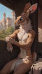 anthro athletic athletic_male bottomwear brown_eyes bulge clothed clothing countershading detailed_background detailed_fur fur loincloth loincloth_only male navel neck_tuft sitting solo tan_body tan_fur topless tuft degenstoic hare lagomorph leporid mammal detailed hi_res