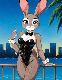 4_fingers black_clothing bow_(feature) bow_in_front bow_tie breasts bunny_costume city city_background cleavage clothed clothing costume dipstick_ears ear_markings eyelashes facial_markings female fingers fishnet fishnet_clothing fishnet_legwear fur glistening glistening_body glistening_clothing grey_body grey_fur head_markings highleg kemono leaning_on_railing legwear leotard long_ears looking_at_viewer markings multicolored_body multicolored_ears multicolored_fur outside palm_tree pink_nose plant purple_eyes shirt_collar short_tail sky smile solo standing tail tree two_tone_body two_tone_fur water white_body white_fur wide_hips hank94_(director) disney zootopia judy_hopps lagomorph leporid mammal rabbit hi_res portrait three-quarter_portrait