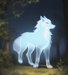 ambiguous_gender blue_body blue_nose canid canine canis domestic_dog eyes_closed feral forest glowing grass icefoxai mammal night plant solo tree