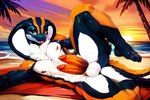 2_penises abs anthro balls black_body black_fur blep bodily_fluids chest_tuft frosting.ai fur genital_fluids genitals glistening glistening_body glistening_eyes glistening_genitalia looking_at_viewer low-angle_view lying male multi_genitalia multi_penis on_side orange_body orange_fur orange_penis palm_tree penis plant precum ribbed_penis smile smirk snake_hood solo spread_legs spreading sunset tapering_penis tongue tongue_out tree tuft white_body white_fur mr_diddlez arzary_(k4jayx) reptile scalie snake absurd_res hi_res