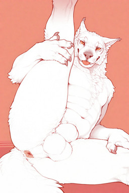 4_fingers animal_genitalia anthro anus arm_support arm_tuft balls big_balls blep body_hair butt canine_teeth cheek_tuft chest_tuft chin_tuft clawed_hands claws crotch_tuft digitigrade ear_tuft facial_tuft fingers fur genitals hand_on_leg happy_trail inner_ear_fluff inviting leaning_on_elbow leg_tuft looking_at_viewer lying male musclegut navel neck_tuft no_sclera nude nude_anthro nude_male on_side pivoted_ears presenting presenting_anus presenting_hindquarters raised_leg sheath shoulder_tuft solo spread_legs spreading tail tongue tongue_out tuft white_body white_fur knotanotherfurry felid mammal tetton absurd_res hi_res