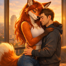 anthro duo embrace female male male/female romantic romantic_ambiance romantic_couple sindra-gosa canid canine fox human mammal invalid_tag