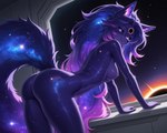 anthro arm_support black_claws black_hole black_nose black_sclera breasts butt claws cosmic_fur cosmic_hair ethereal_hair female hair leaning leaning_forward long_hair looking_at_viewer medium_breasts nipples nude solo space star unusual_eyes window sagrael canid canine fox mammal hi_res