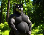 anthro belly big_belly black_body black_fur black_nose canid canine canis detailed_background dogarrowtype domestic_dog forest fur husky male mammal musclegut nipples nordic_sled_dog outside overweight overweight_anthro overweight_male plant solo spitz tree