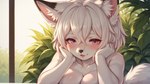 anthro bangs black-tipped_ears blush detailed_background dipstick_ears face_focus female female_focus fur hair head_on_hand looking_at_viewer multicolored_ears open_mouth pink_eyes plant solo teeth white_body white_fur white_hair danin canid canine fox mammal hi_res