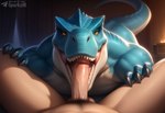 anthro anthro_penetrated balls big_penis biped blue_body blue_scales bodily_fluids claws detailed_background duo erection fellatio first_person_view genital_danger_play genitals human_on_anthro human_penetrating human_penetrating_anthro human_pov humanoid_genitalia humanoid_penis inside interspecies looking_at_viewer lying male male/male male_on_anthro male_penetrated male_penetrating male_pov multicolored_body muscular muscular_anthro muscular_male narrowed_eyes nude on_back open_mouth oral oral_penetration penetrating_pov penetration penile penis penis_in_mouth pov_blowjob pubes pupils saliva scales sex sharp_teeth slit_pupils solo_focus spread_legs spreading tail teeth text tongue tongue_out vein veiny_penis white_body sergalbutt dinosaur human mammal reptile scalie theropod detailed signature url