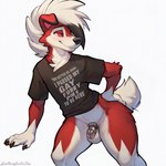 anotherarcticfox anthro balls bottomless bottomless_anthro bottomless_male chastity_cage chastity_device chest_tuft clothed clothing floppy_ears generation_7_pokemon genitals hair hand_on_butt lycanroc male midnight_lycanroc penis pinup pokemon_(species) pose red_eyes shirt short_tail solo spiky_hair t-shirt text text_on_clothing thick_thighs topwear tuft wide_hips