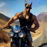 anthro biker bulgewhisper canid canine canis clothing dobermann domestic_dog eyewear male mammal motorcycle muscular pinscher road shirt solo sunglasses tank_top topwear vehicle