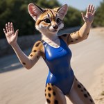 anthro blue_clothing blue_swimwear blurred_background brown_nose clothed clothing depth_of_field female looking_at_viewer markings multicolored_body one-piece_swimsuit round_ears sand solo spots spotted_body stable_diffusion swimwear whiskers gopossum genet mammal viverrid