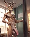 abs anthro antlers athletic athletic_male ball_tuft balls big_balls big_penis brown_eyes casual_nudity cervid chest_tuft flaccid genitals half-erect heavy_balls hi_res horn huge_penis humanoid_genitalia inside long_penis louis_(beastars) male mammal nipples nude penis pubes saggy_balls solo standing styx343 thick_penis tuft vein veiny_penis window window_light