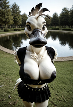 anthro belt big_breasts black_bottomwear black_clothing black_nipples black_skirt black_topwear blurred_background bottomwear breasts chest_tuft cleavage cleavage_cutout cleavage_overflow close-up clothed clothing day feather_hair feathers female looking_at_viewer meadow nipple_slip nipples outside park plant pond pseudo_hair realistic reflection skirt solo spiked_belt spikes standing topwear tree tuft white_body nnam_si3 anatid anseriform anserinae avian bird goose hi_res