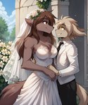 anthro blush breasts bride brown_body brown_fur brown_hair cleavage clothed clothing detailed_background dress duo eye_contact female flower fur hair hand_holding looking_at_another male male/female necktie outside plant romantic romantic_ambiance romantic_couple smile suit tuft twokinds wedding wedding_dress white_clothing white_dress yellow_eyes anontk keith_keiser natani canid canine canis keidran mammal wolf hi_res