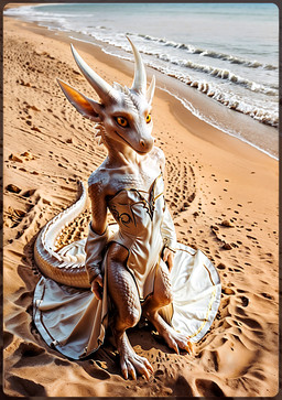 anthro beach clothed clothing dress female mythology realistic seaside solo standing warm_lighting warm_smile miracleofmystery dragon humanoid mythological_creature mythological_scalie scalie hi_res warm_colors
