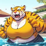 angry anthro big_breasts bottomwear breasts clothing crop_top ear_piercing ear_ring female fur muscular navel open_mouth overweight partially_submerged piercing pink_nose plant pool ring_piercing shirt shorts solo stripes topwear umbrella wide_hips yellow_body yellow_eyes yellow_fur blackgum felid mammal pantherine tiger