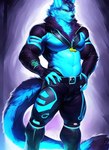 anthro blue_body blue_eyes blue_fur canid canine canis fur hands_on_hips male mammal markings neon pecs simple_background smile solo tail tesseract_(director) wolf