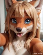 anthro bangs black_nose blonde_hair blue_eyes camera chest_tuft detailed_background facial_tuft female fox_ears hair holding_camera holding_object inner_ear_fluff looking_at_viewer nude nude_female orange_body photorealism photorealistic realism realistic realistic_fur realistic_lighting selfie smile solo tongue tongue_out tuft kekened996 canid canine fox mammal animated hi_res loop webm