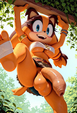 anthro balls big_balls big_breasts big_penis blue_eyes blush bottomless breasts clothed clothing feet flaccid foreskin foreskin_overhang fur genitals gynomorph hanging_from_branch humanoid_genitalia humanoid_penis intersex jewelry long_foreskin looking_at_viewer low-angle_view nipples open_mouth outside penis plant saggy_balls smile solo sonic_boom topwear tree tribal tribal_clothing tribal_jewelry unretracted_foreskin boxen549 sega sonic_the_hedgehog_(series) sticks_the_jungle_badger badger mammal mustelid musteline