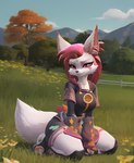 anonymous_director anthro canid canine clothed clothing female fox fur gold_(metal) gold_jewelry hair hi_res inner_ear_fluff jewelry kimiko_(fortnite) mammal pink_eyes pink_hair seductive solo solo_focus stable_diffusion tuft white_body white_fur