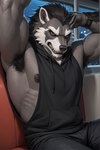 anthro armpit_hair armpit_showing biceps body_hair bottomwear clothing hair looking_at_viewer male mane mane_hair muscular muscular_male night nintendo nipples pants pecs public_transportation red_eyes sleeveless_hoodie solo bigboyblaziken generation_8_pokemon obstagoon pokemon_(species) hi_res