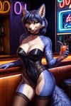 anthro beverage blue_body blue_eyes blue_fur blue_hair breasts canid canine chest_tuft choker clothing female fox fur hair hi_res jewelry krystal lace legwear leotard looking_at_viewer mammal markings multicolored_body necklace nsfjerk seductive smile solo stockings tattoo tribal tribal_markings tuft two_tone_body white_body white_fur